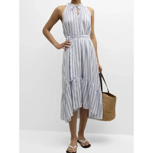 Heidi Klein Women’s Sardinia Frill Belted Midi Dress Linen Size Small Blue White